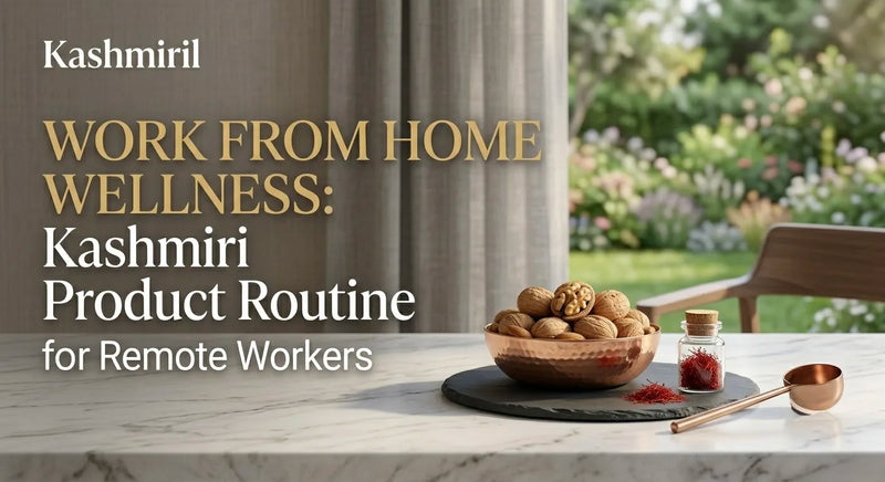WORK FROM HOME WELLNESS: Kashmiri Product Routine for Remote Workers. Walnuts and saffron on a marble desk overlooking a green garden.