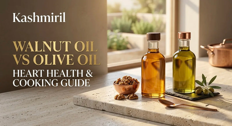 Walnut Oil vs Olive Oil Heart Health & Cooking Guide - Bottles of amber and green oil with raw walnuts and olives.