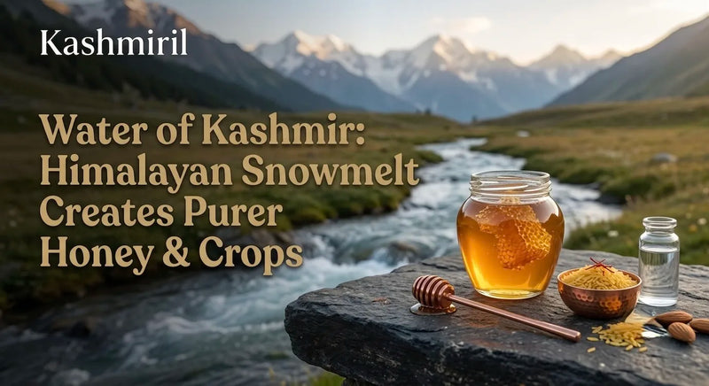 Water of Kashmir: Himalayan Snowmelt Creates Purer Honey & Crops. Kashmiril honey jar and pure water by a scenic mountain stream.