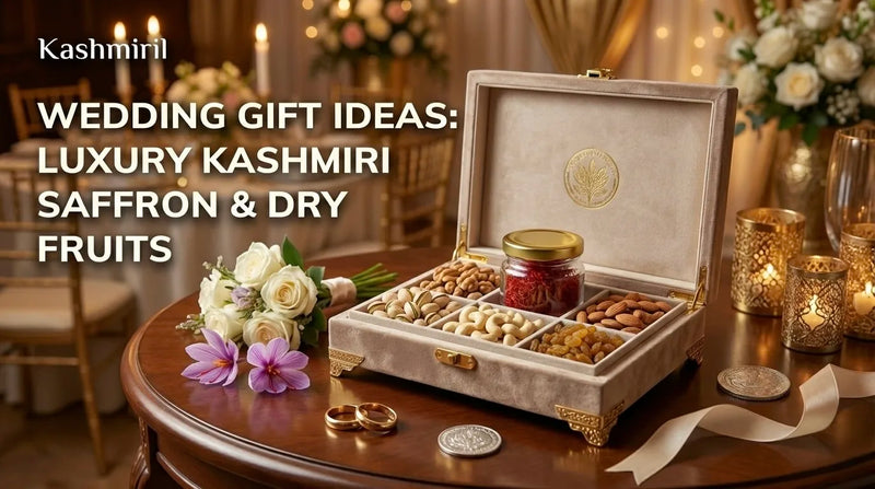 A luxury velvet gift box filled with premium Kashmiri saffron and an assortment of dry fruits, elegantly displayed on a wooden table with white roses and wedding rings as sophisticated wedding gift ideas.