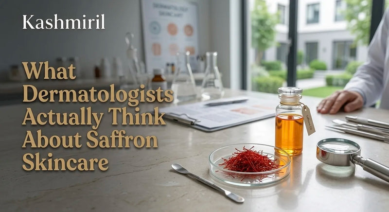 What Dermatologists Actually Think About Saffron Skincare. Kashmiril saffron threads and oil bottle on a bright clinic desk.