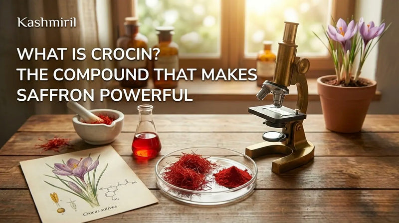 What Is Crocin? The Compound That Makes Saffron Powerful — Kashmiril blog featured image showing saffron threads in a petri dish, a brass microscope, Crocus sativus botanical illustration, and saffron extract in a flask on a wooden lab table