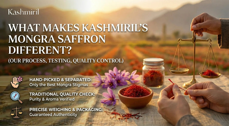 Featured image about What Makes Kashmiril's Mongra Saffron Different with text and visual elements on a scenic background.