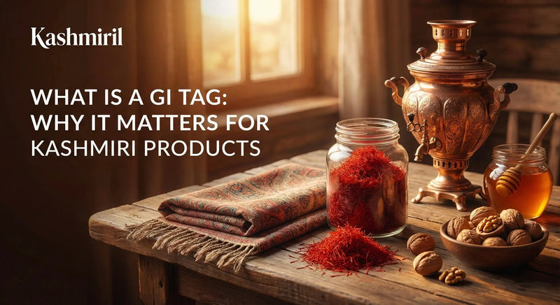 Authentic Kashmiri products including Saffron, Pashmina, and Walnuts on a rustic table for a blog post titled "What Is a GI Tag: Why It Matters For Kashmiri Products" by Kashmiril
