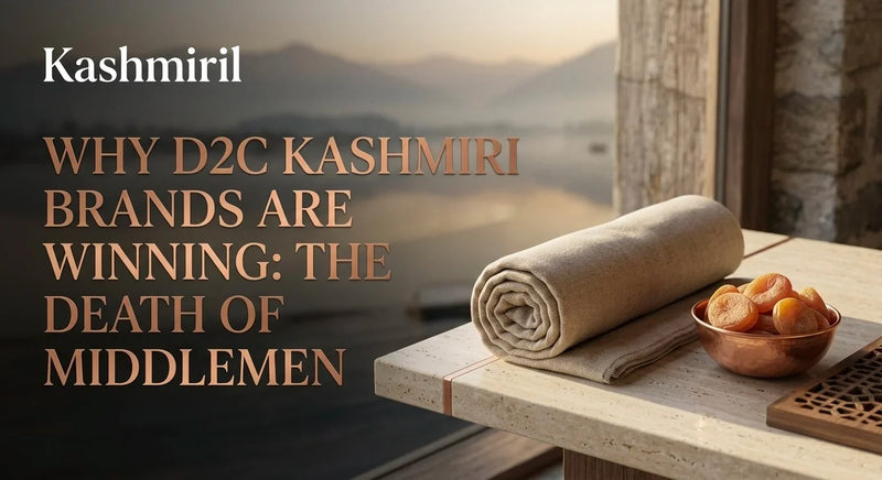 Why D2C Kashmiri Brands Are Winning: The Death of Middlemen. A rolled pashmina and a copper bowl of amber apricots by a serene lake.