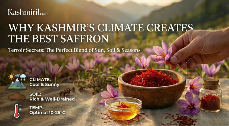 Saffron with a hand holding saffron with text on left written as Why Kashmiri Climate Create the Best Saffron and in background saffron flowers, bowl of saffron, and jar on a wooden surface with a mountainous background.