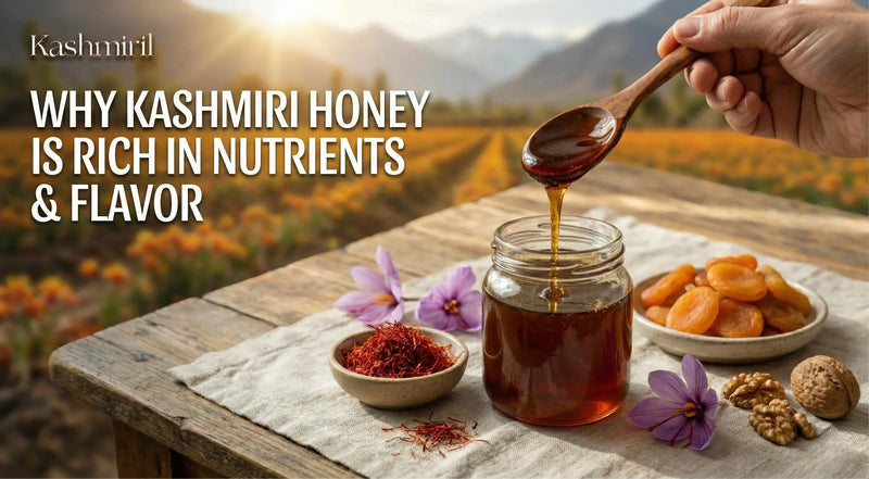 Featured text on left written as "Why Kashmiri Honey Is Rich In Nutrients And Flavour" Honey being drizzled from a spoon into a jar with Kashmiri honey text overlay, set against a scenic background.
