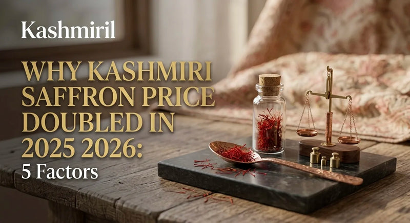 Why Kashmiri Saffron Price Doubled in 2025 2026: 5 Factors. Kashmiri Saffron vial and vintage brass scale.