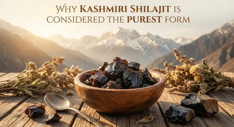 Featured image of Why Kashmiri Shilajit Is Considered The Purest Form and in background Bowl of Kashmiri Shilajit with mountains in the background