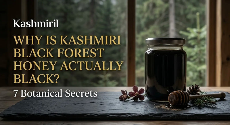 Why is Kashmiri Black Forest Honey Actually Black? 7 Botanical Secrets. Black forest honey jar & dipper.