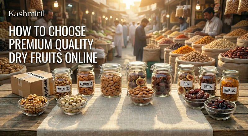 Display of various dry fruits in jars and bowls with text on how to choose premium quality dry fruits online.