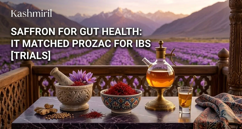 Saffron threads and crocus flowers with Pampore fields — saffron for digestive health gut benefits explained