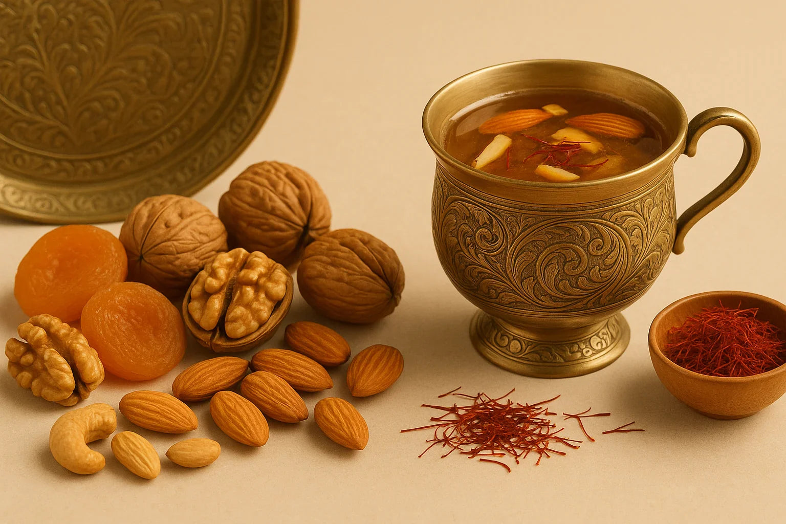 Decorative cup with hot Kashmiri Kehwa, nuts, dried fruits, and saffron on a beige background