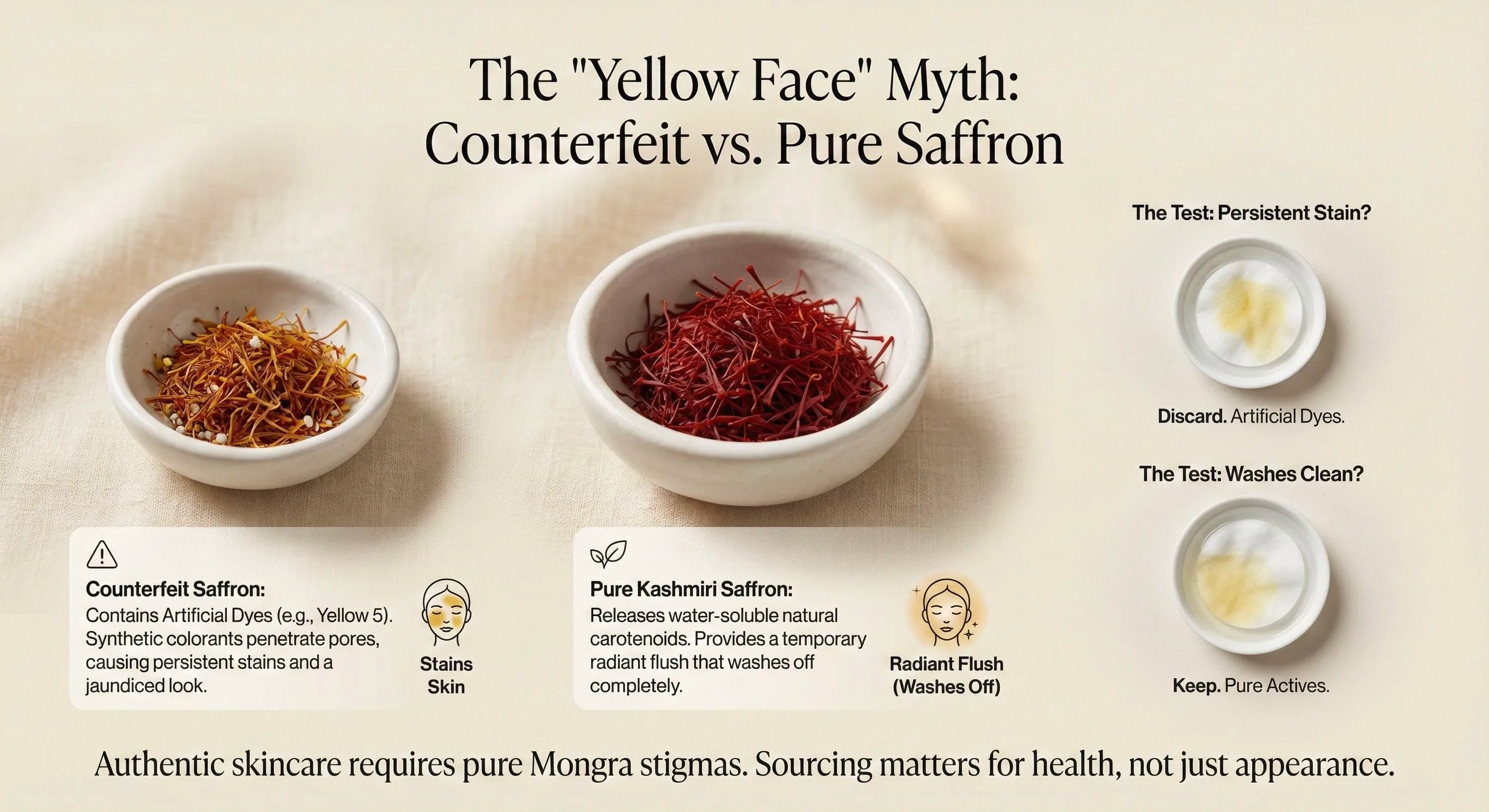 Infographics on Breaking the Yellow Face myth after applying Kashmiri Saffron on beige Background
