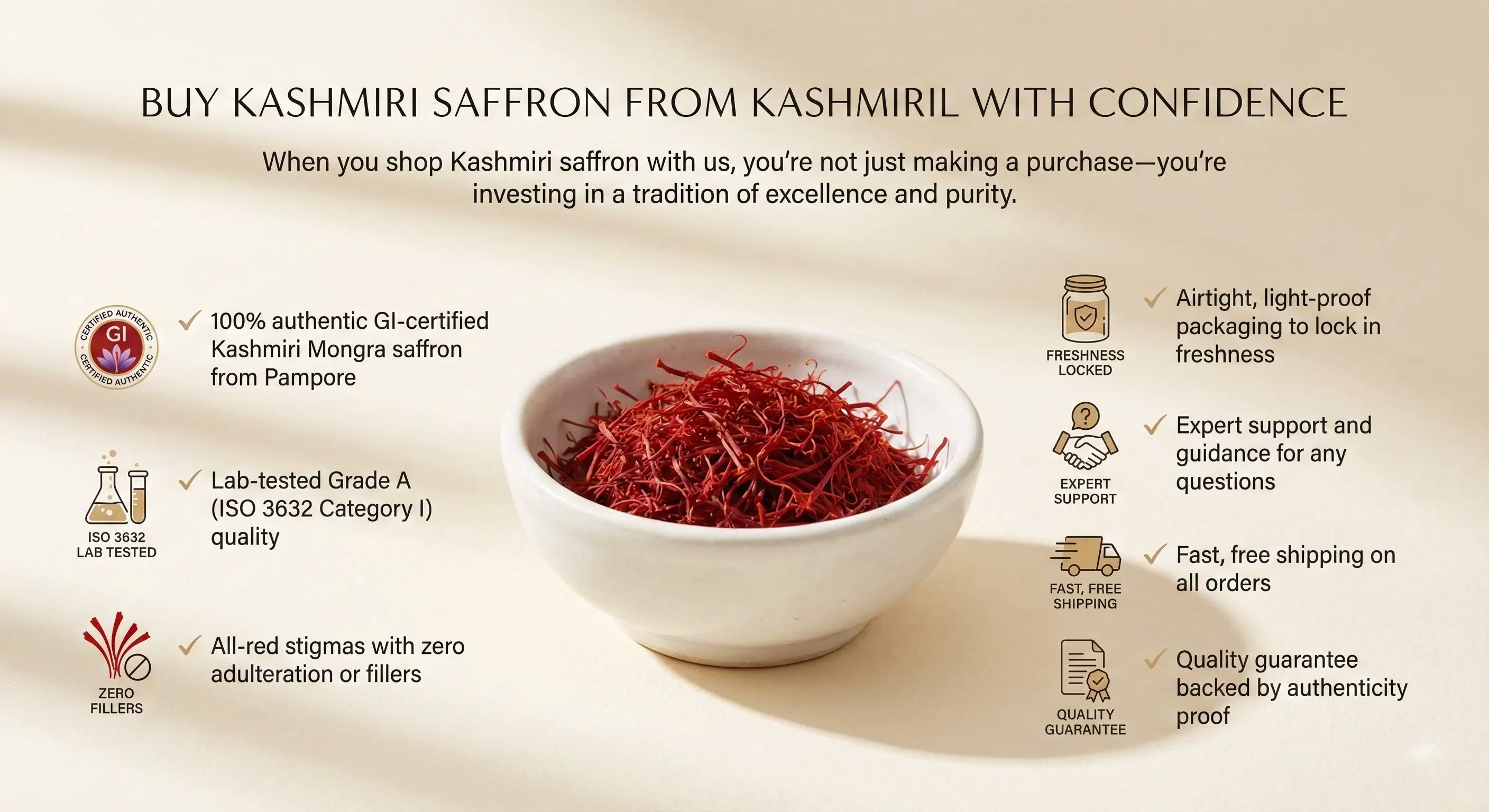 Kashmiri saffron in a bowl with promotional text and icons on a beige background