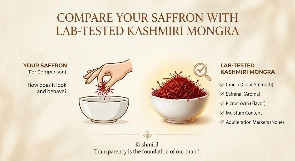 Comparison of saffron with lab-tested Kashmiri Mongra on a beige background