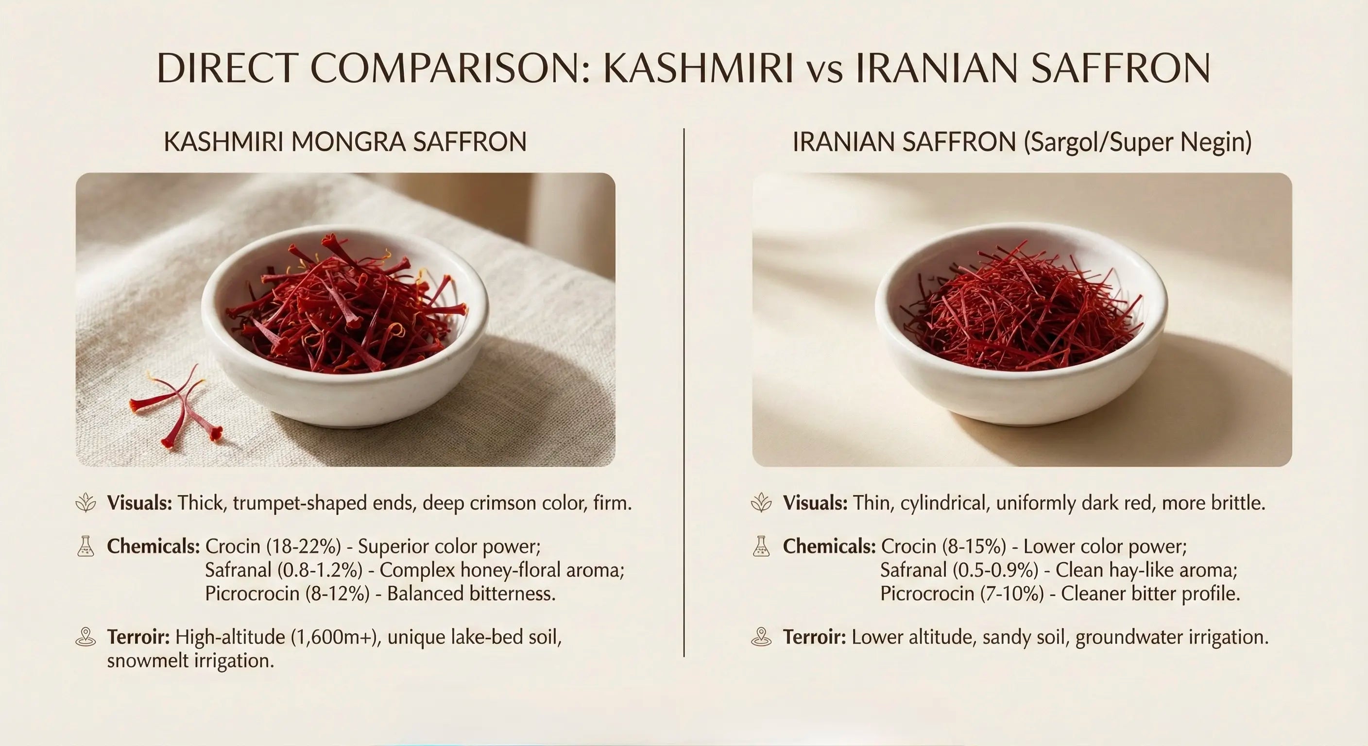 Comparison chart of Kashmiri Mongra saffron and Iranian saffron with visual descriptions and characteristics.