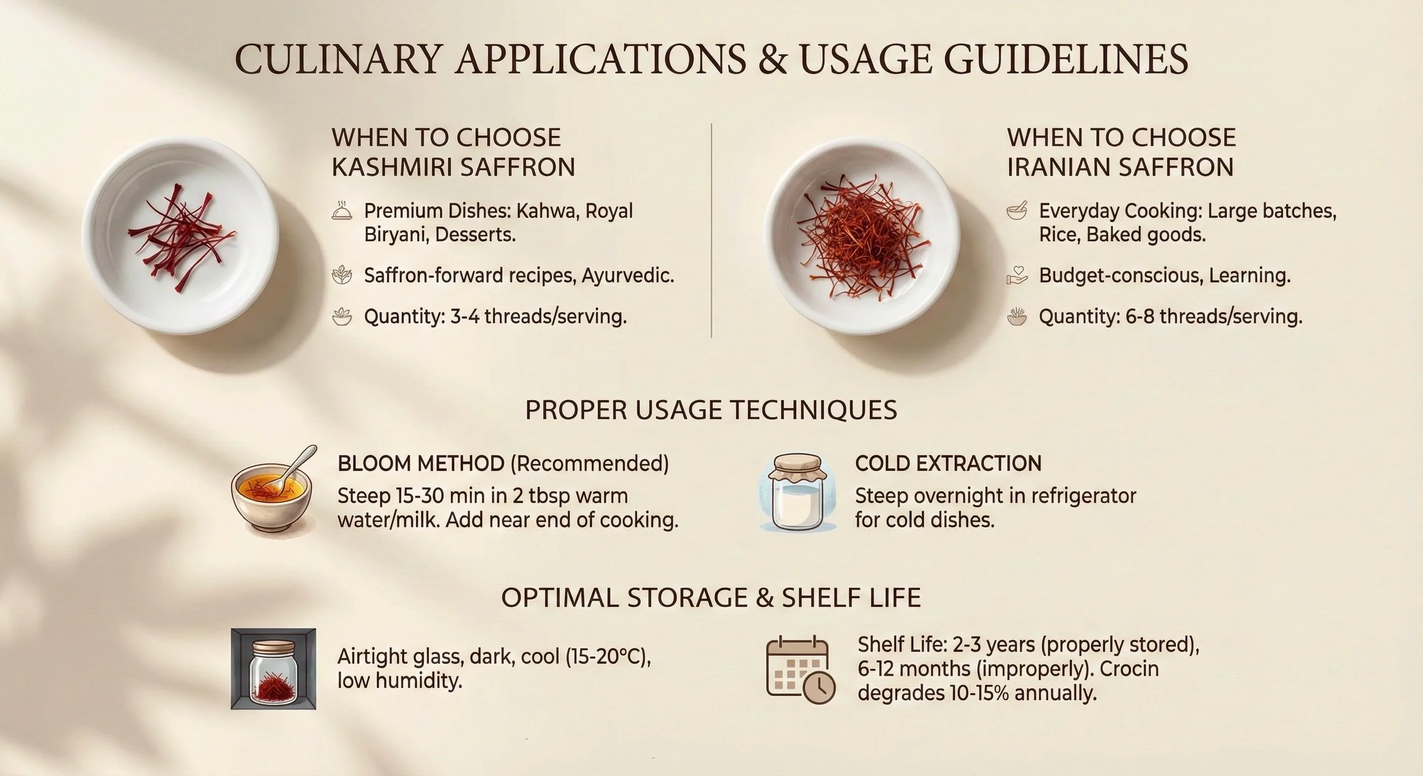Culinary applications and usage guidelines for Kashmiri and Iranian saffron on a beige background.