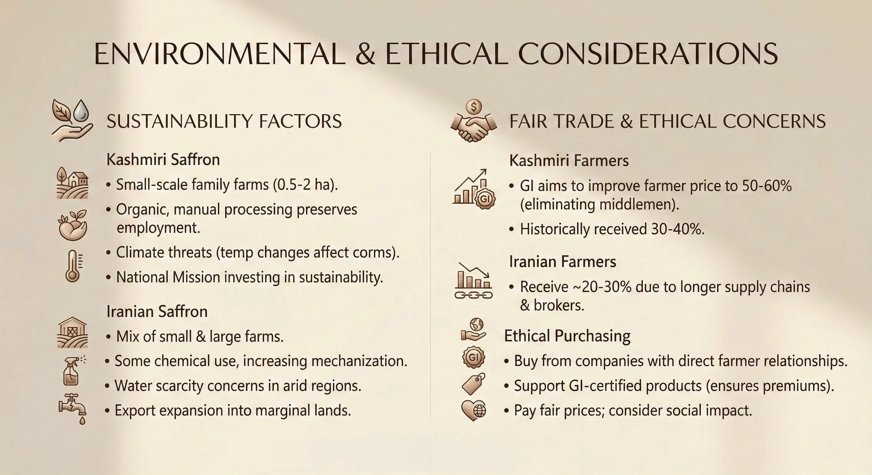 Chart detailing environmental and ethical considerations of Kashmiri and Iranian saffron farming.