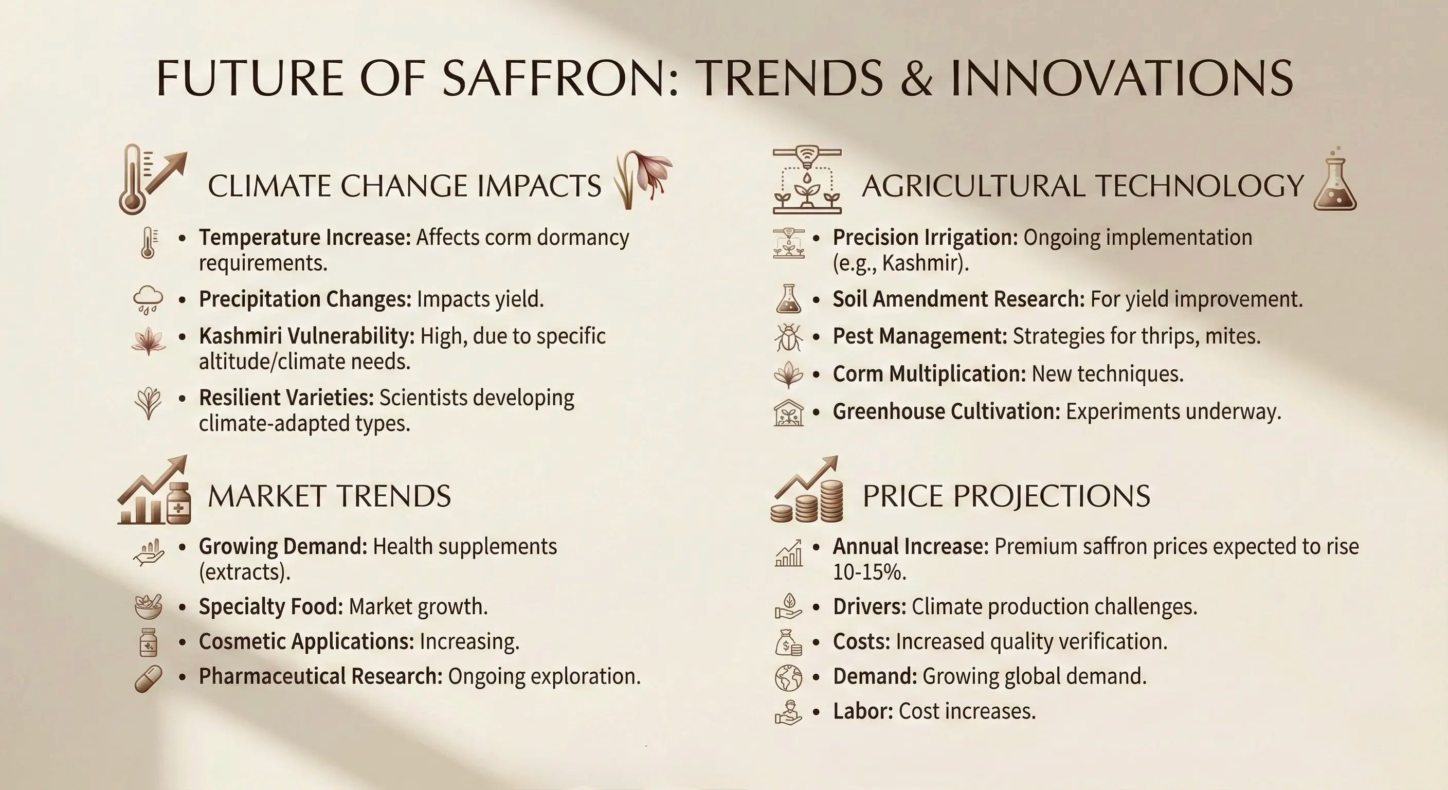 Chart detailing the future of saffron trends and innovations on a beige background.