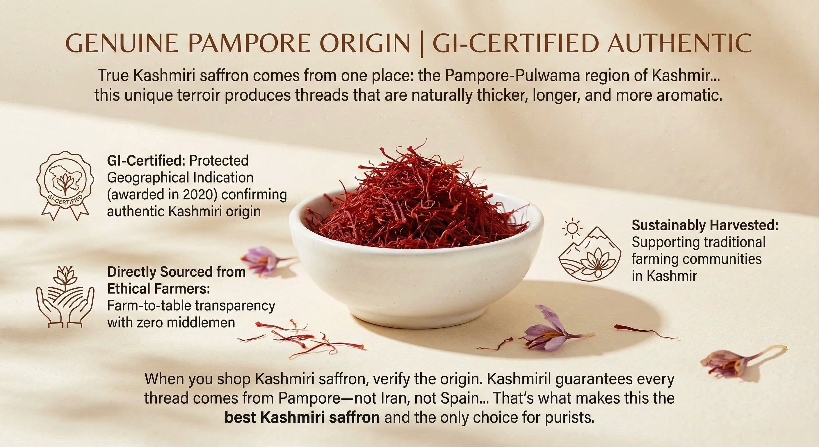 Image of Kashmiri saffron with a bowl of saffron threads on a beige background.