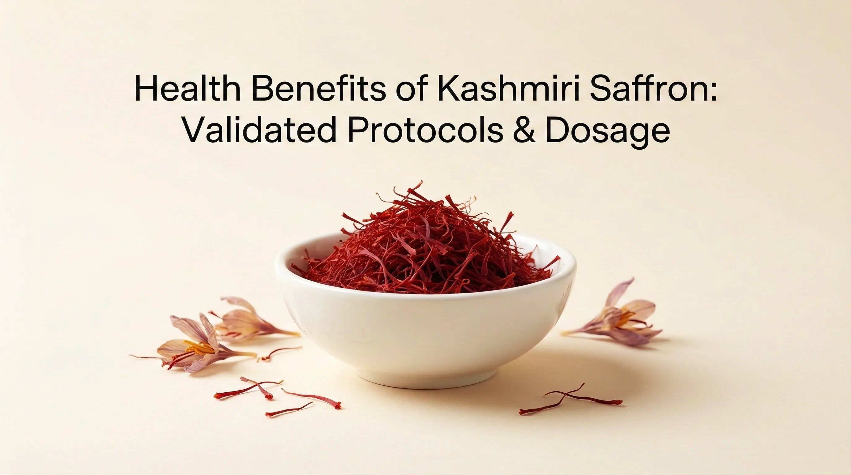 Bowl of Kashmiri saffron with text about health benefits on a beige background