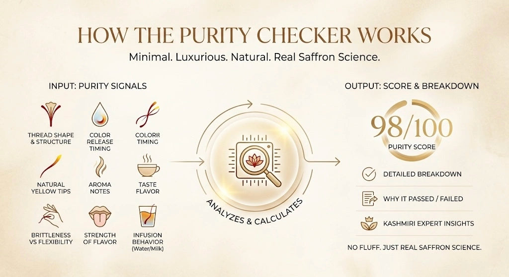 Diagram explaining how the purity checker works for saffron, with various inputs and outputs.