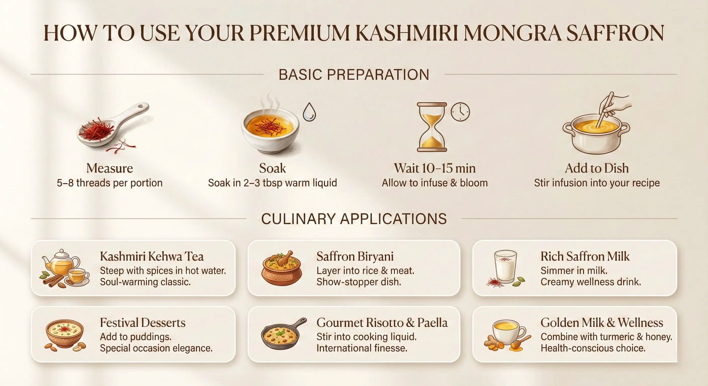 Instructions on how to use Kashmiri Mongra saffron with illustrations and text.