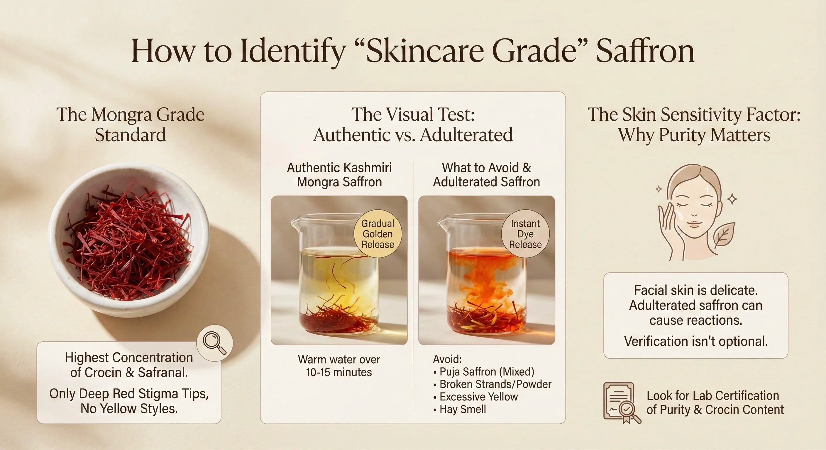 Infographics on how to identify skin grade saffron on a beige background