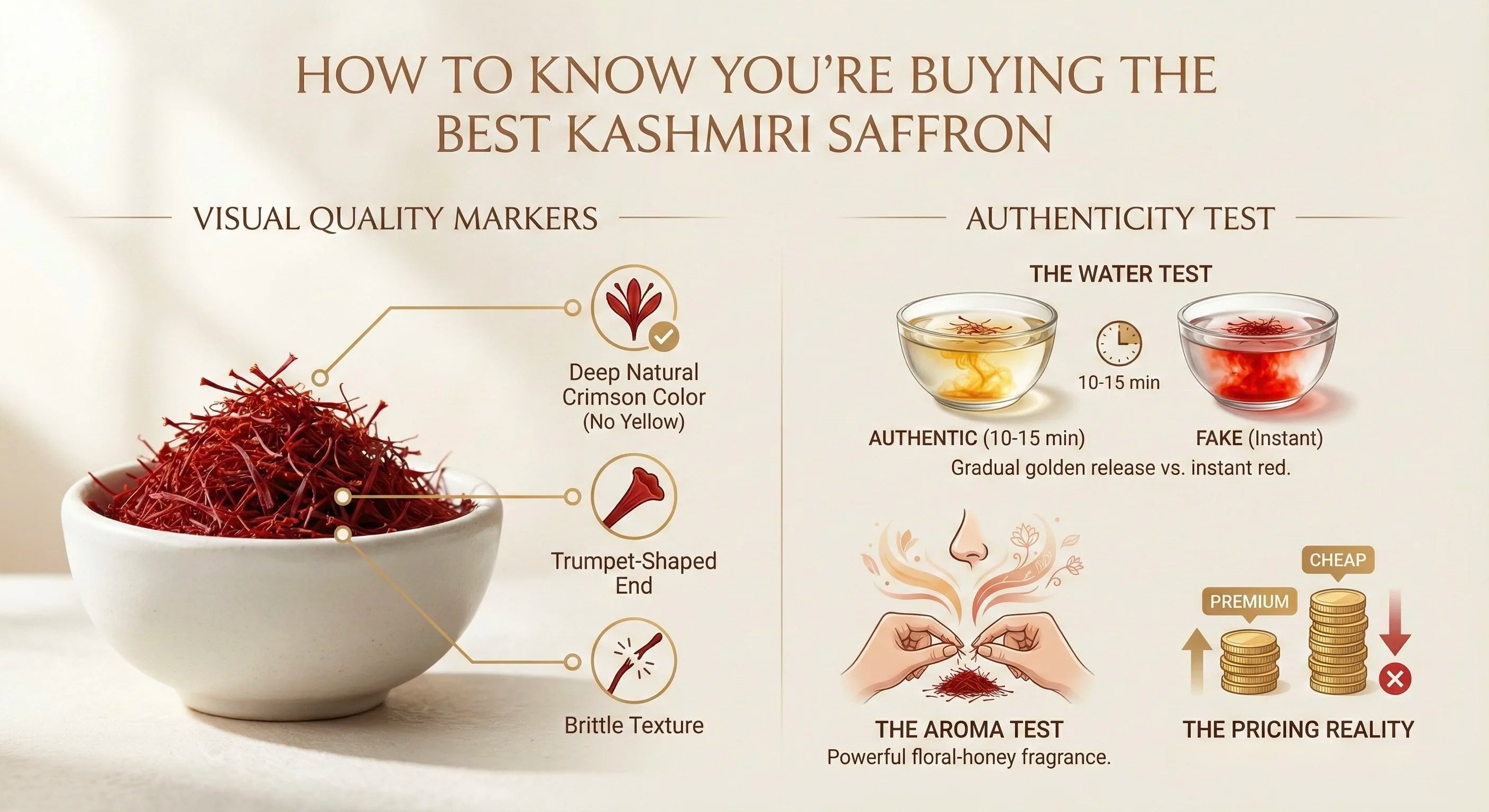 Infographic on how to identify the best Kashmiri saffron with visual quality markers, authenticity test, and pricing reality.