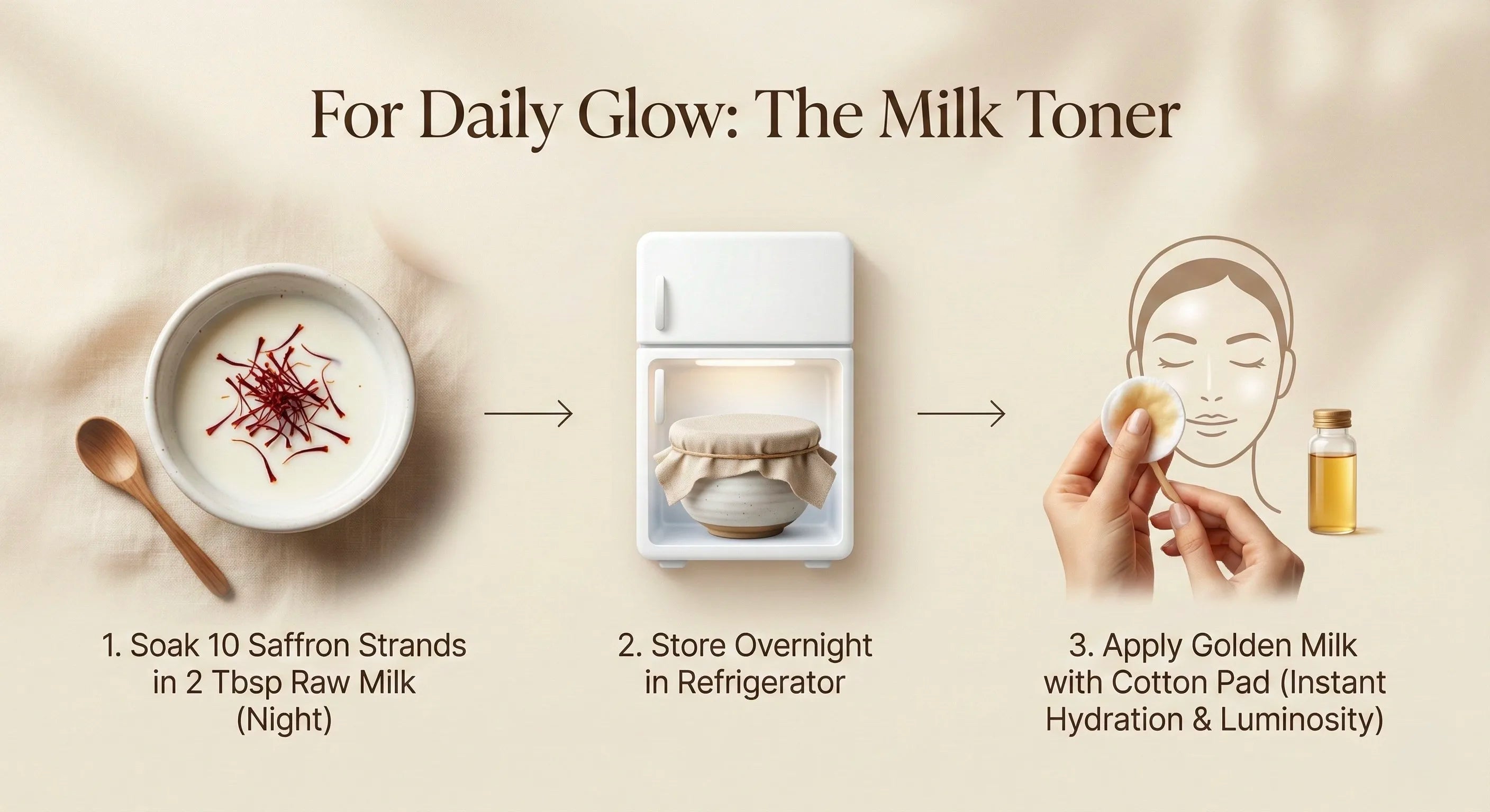 Infographics on how to prepare Saffron Milk Toner on a beige background
