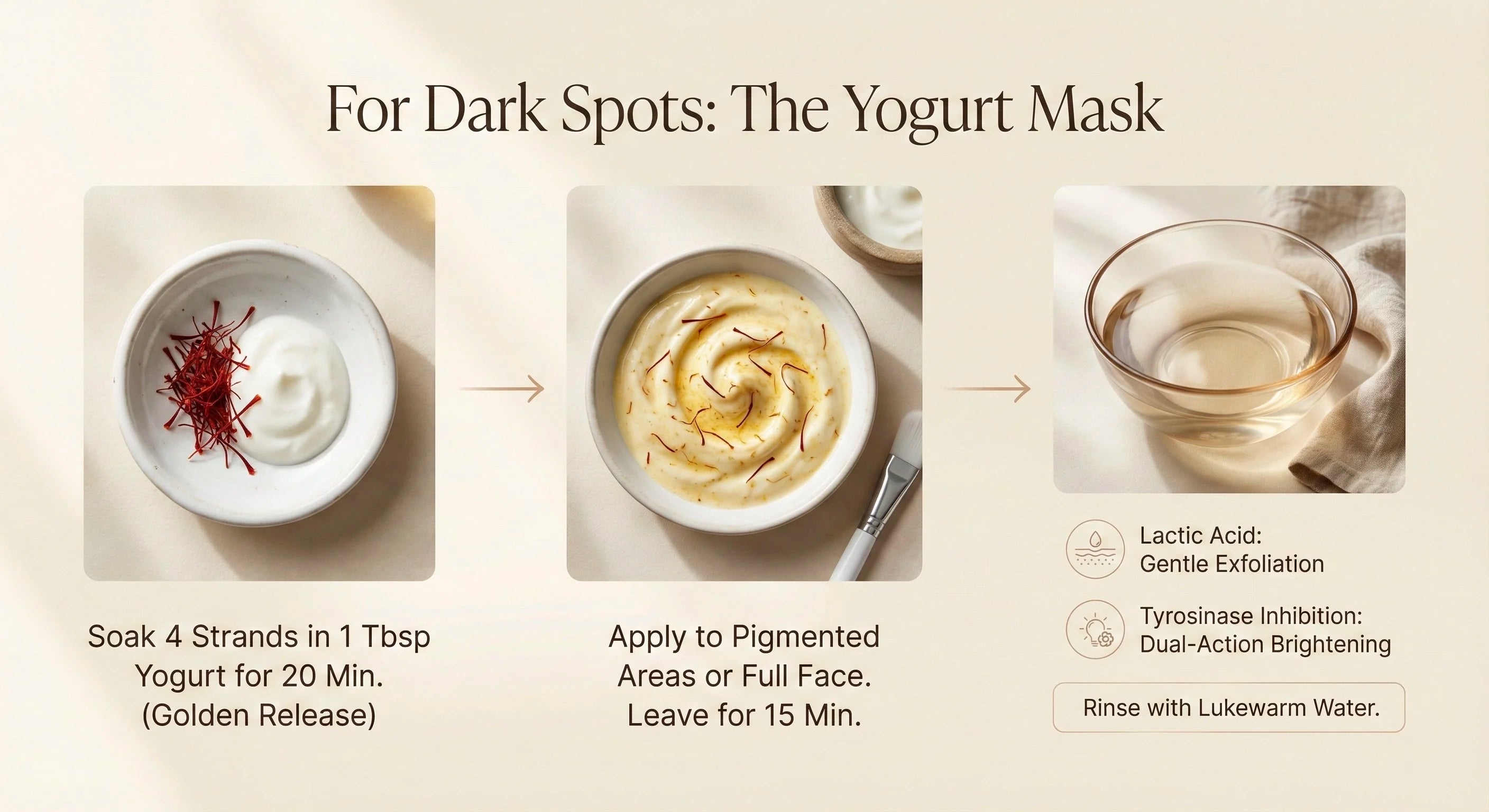 Infographics on How to prepare Saffron Yogurt Mark For Dark Spots on a beige background