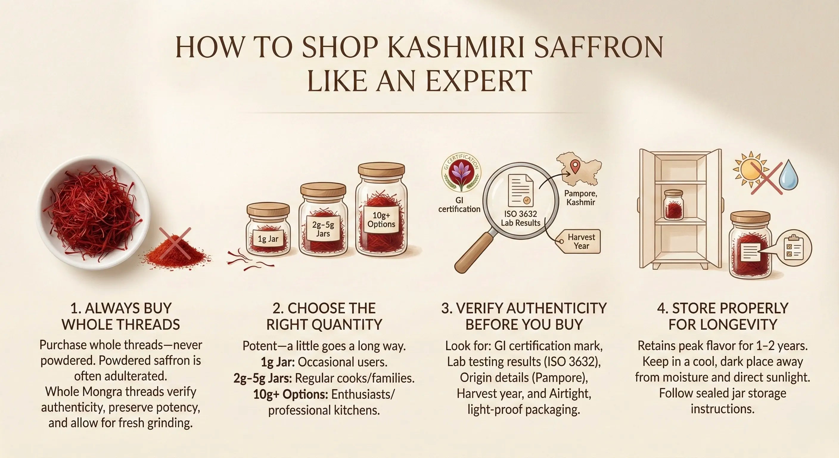 Infographic on how to shop Kashmiri saffron like an expert with text and icons.