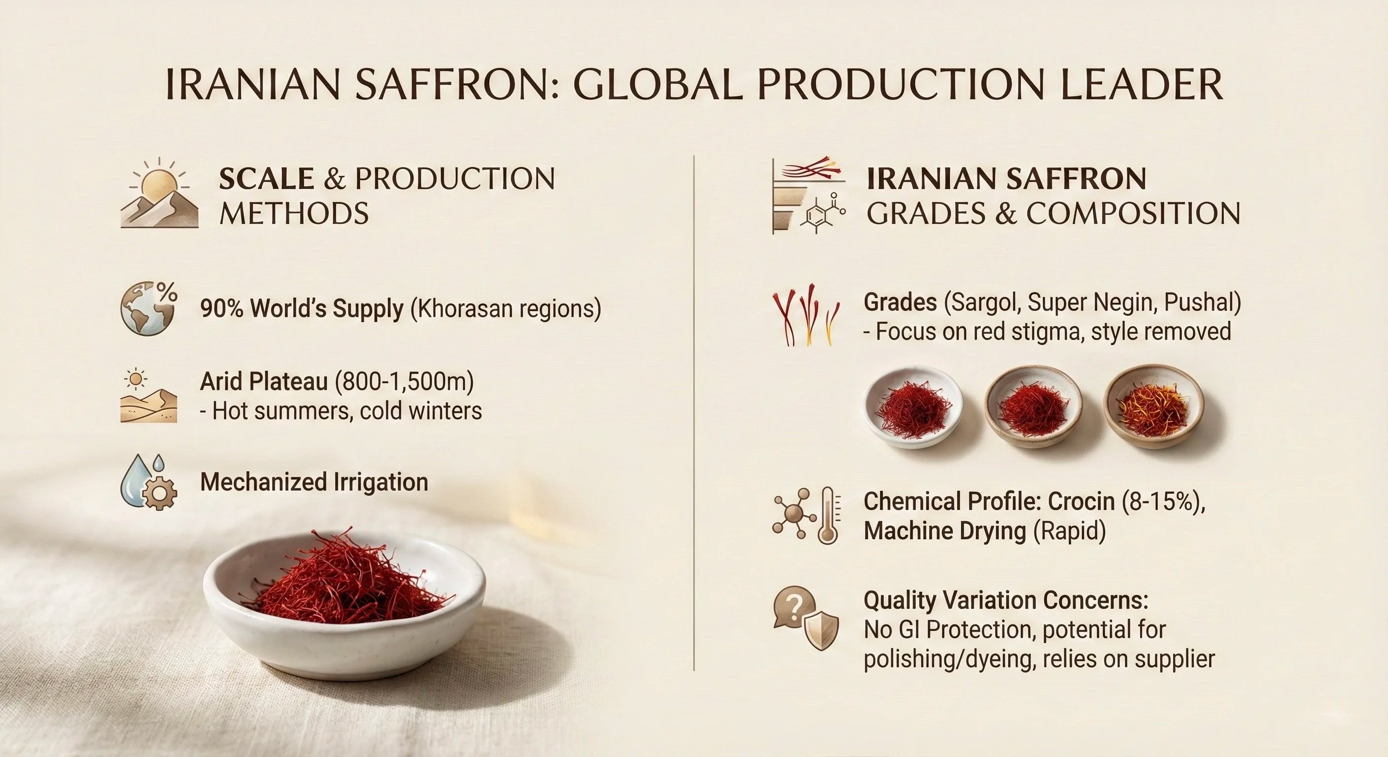 Infographic about Iranian saffron production, grades, and composition on a beige background.