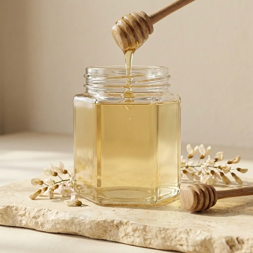 Glass jar of kashmiri acacia honey with a wooden dipper on a light surface.