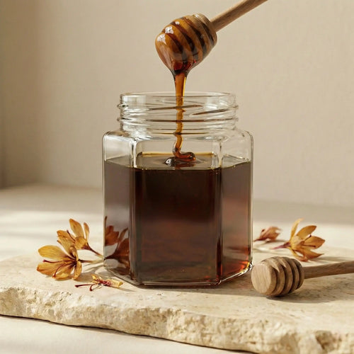 Kashmiri Black Forest Honey being drizzled from a wooden dipper into a glass jar on a light surface with flowers.