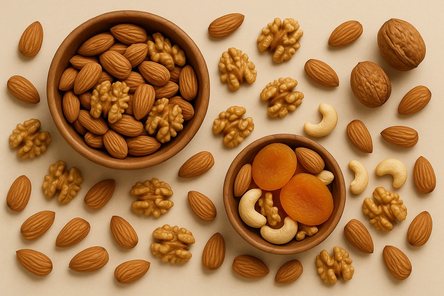 Two wooden bowls filled with nuts and dried fruits on a beige background