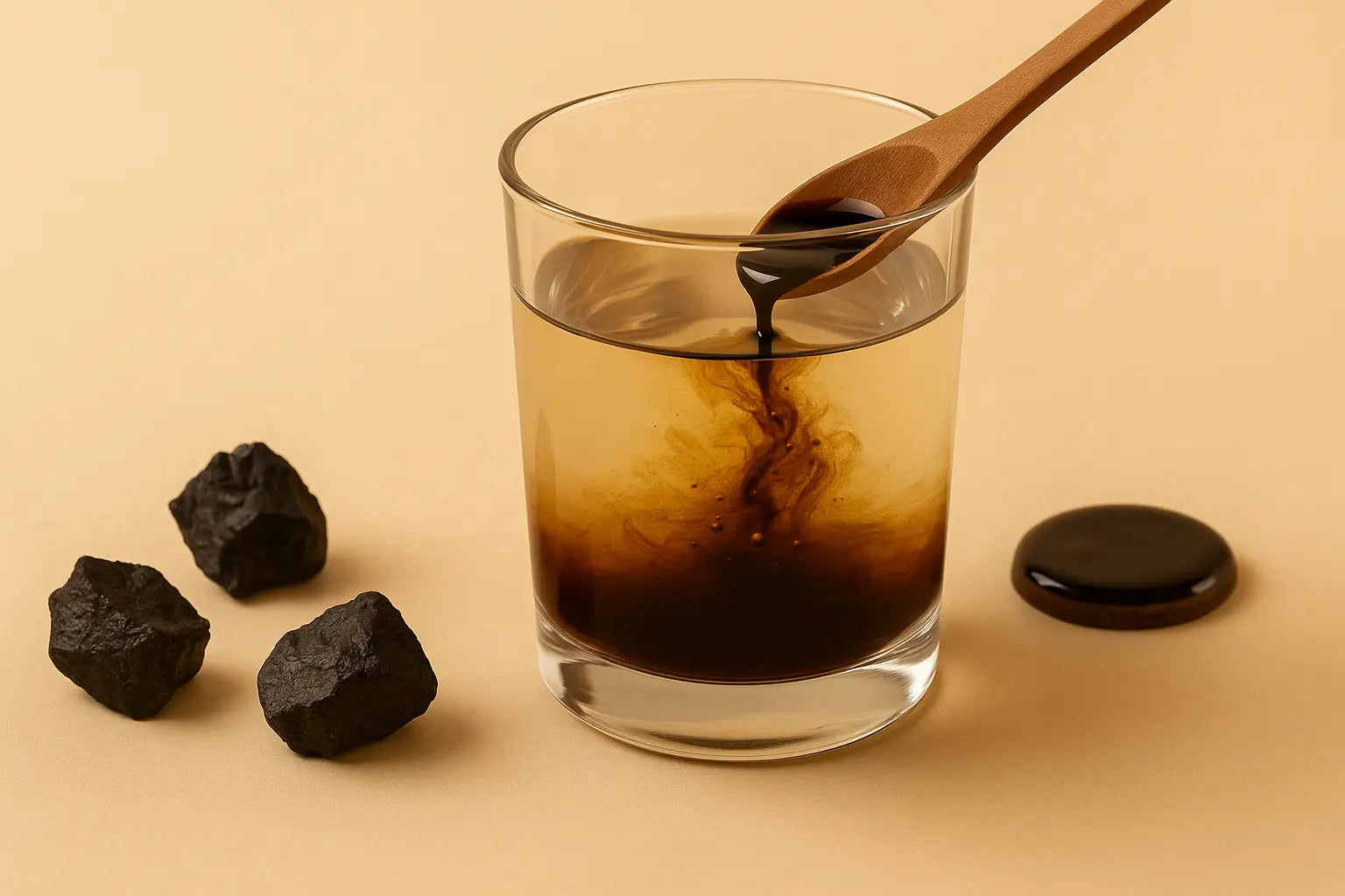 Glass of shilajit mixing in water with a wooden spoon, surrounded by raw shilajit rock on a beige background