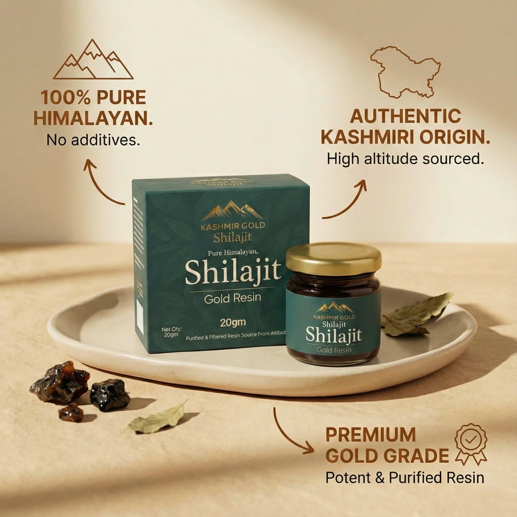 Product info image of Kashmiri Himalayan Shilajit on a beige background 