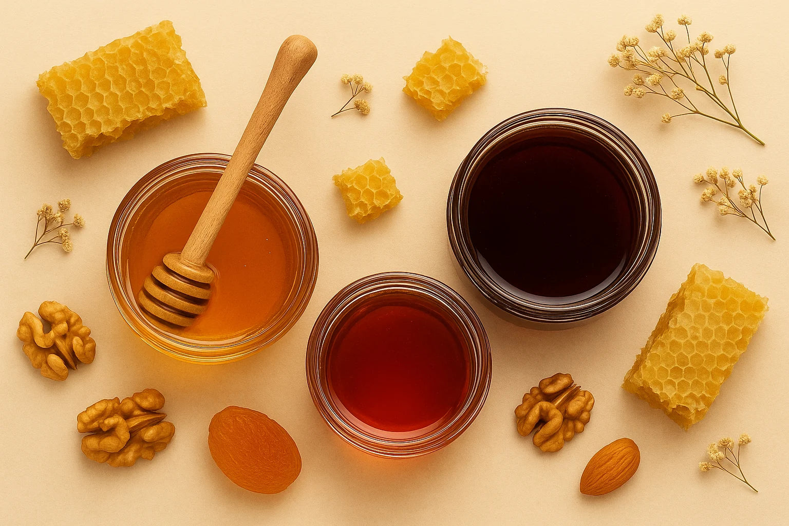 Three jars of honey  with a wooden spoon, honeycomb, and nuts on a beige background