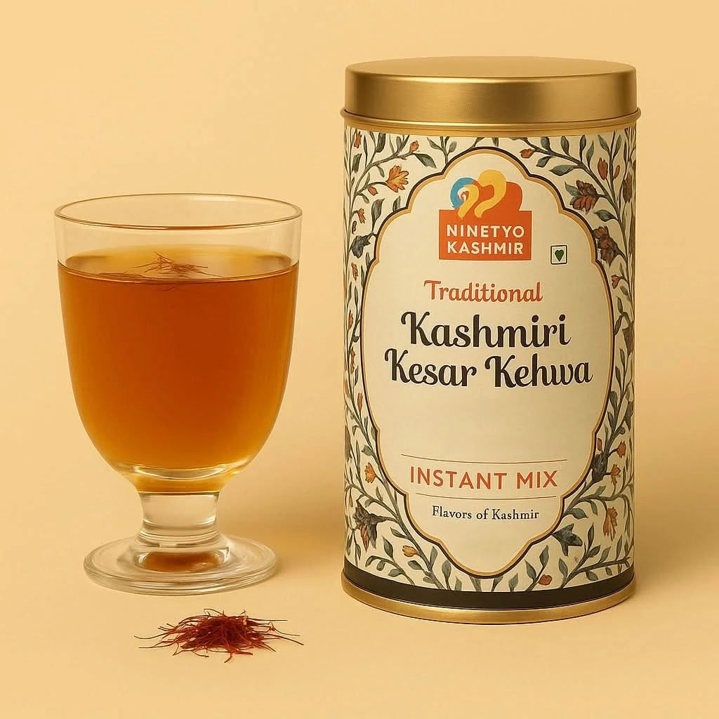 Kashmiril Kashmiri Kesar Kehwa instant mix can with a glass of tea and saffron on a beige background