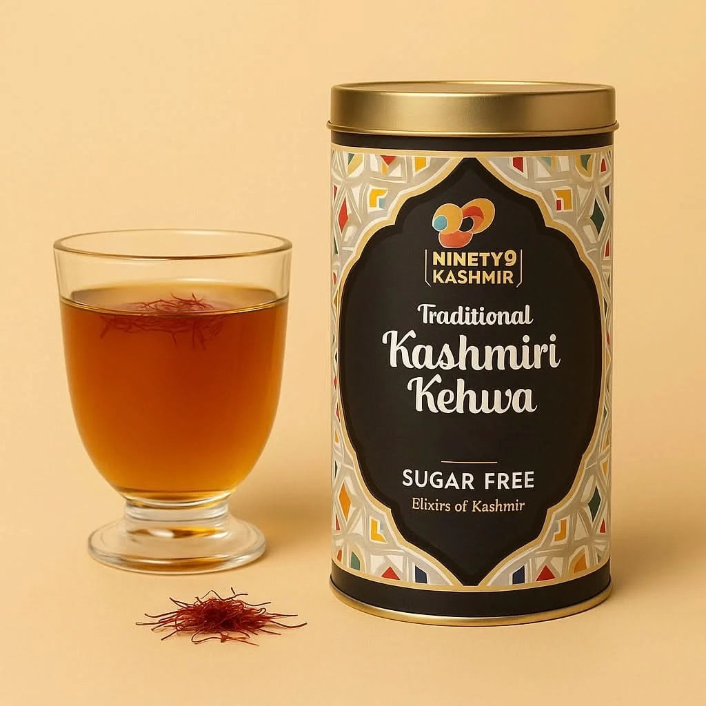 Kashmiril Kehwa canister with a glass of tea and saffron on a beige background