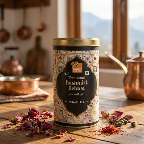 Kashmiril Kehwa canister with a glass of tea and saffron on a beige background