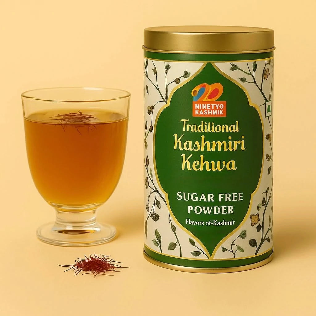 Kashmiril Kashmiri Kehwa sugar-free powder canister with a glass of tea on a beige background