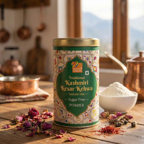 Kashmiril Kashmiri Kehwa sugar-free powder canister with a glass of tea on a beige background