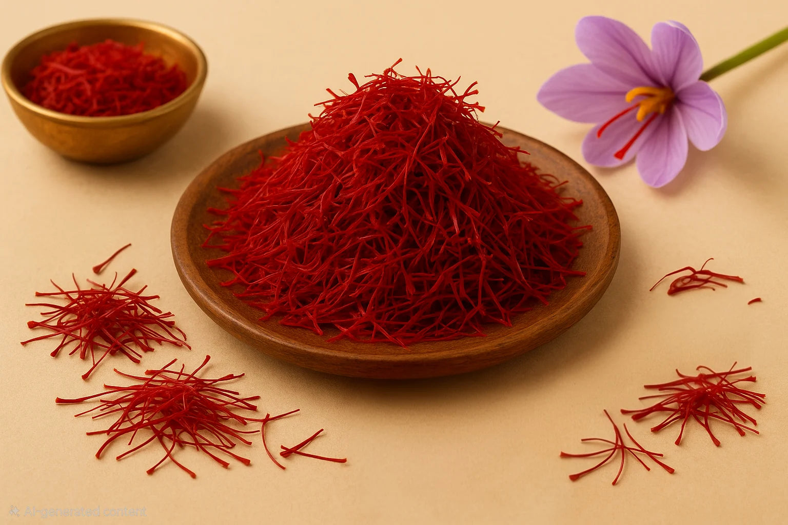 Kashmiri Mongra saffron threads on a wooden plate with a saffron flower on a beige background