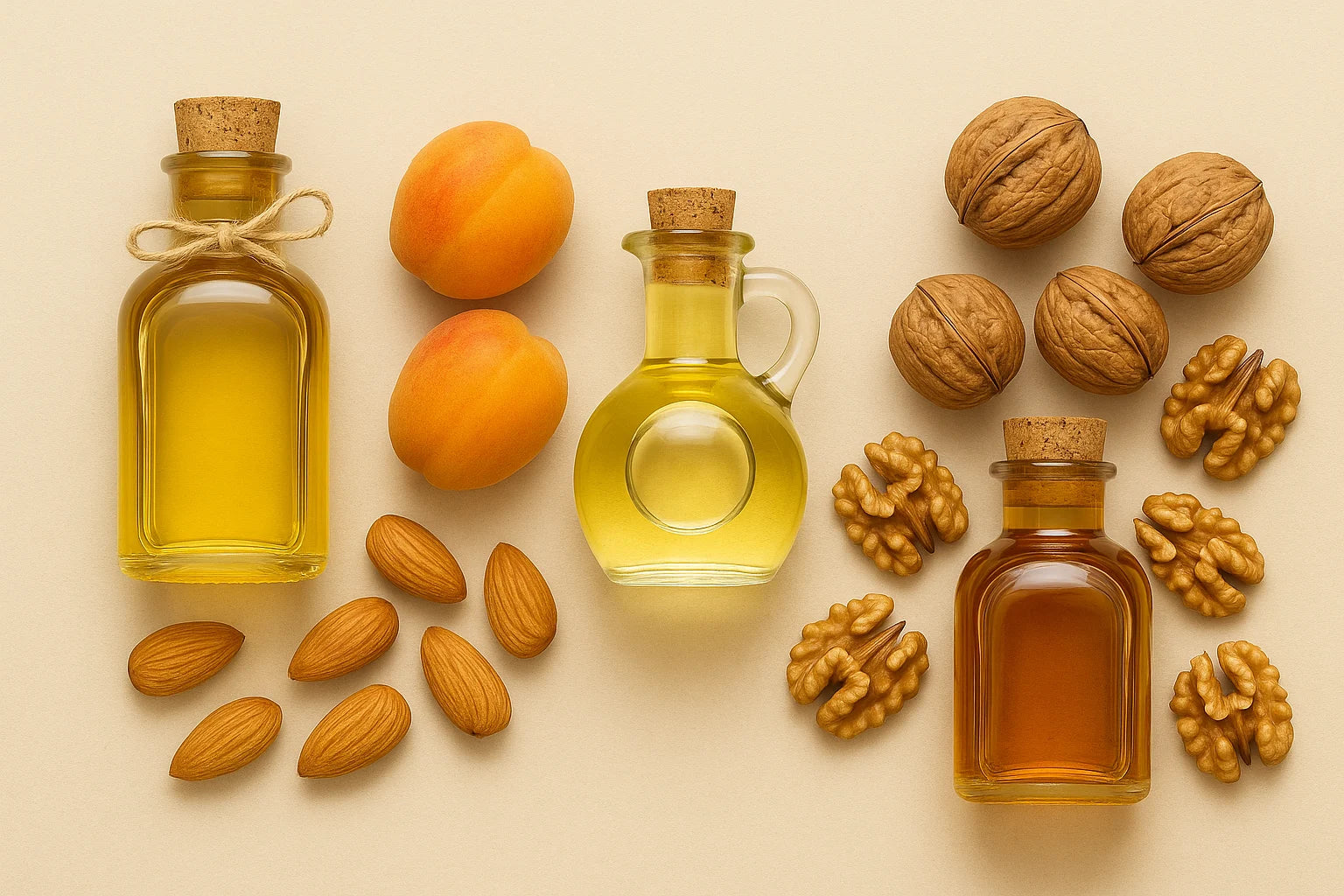 Three bottles of Kashmiri Almond Oil, Kashmiri Apricot Oil and Kashmiri Walnut Oil with nuts and fruits on a beige background