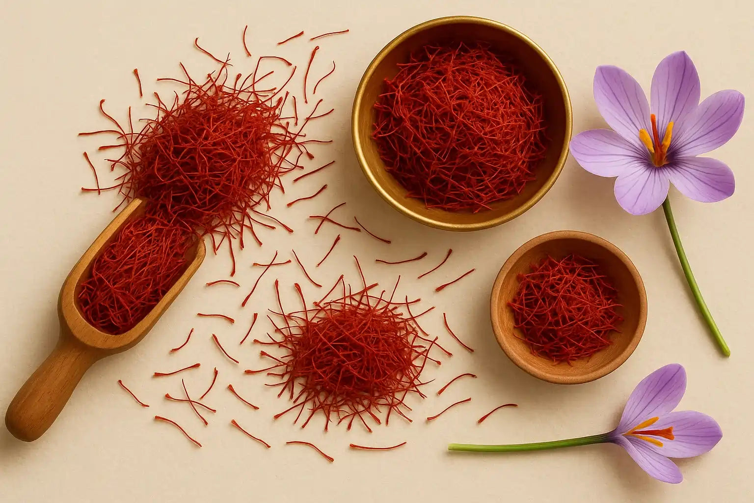 Saffron threads in wooden containers with a saffron flower on a beige background