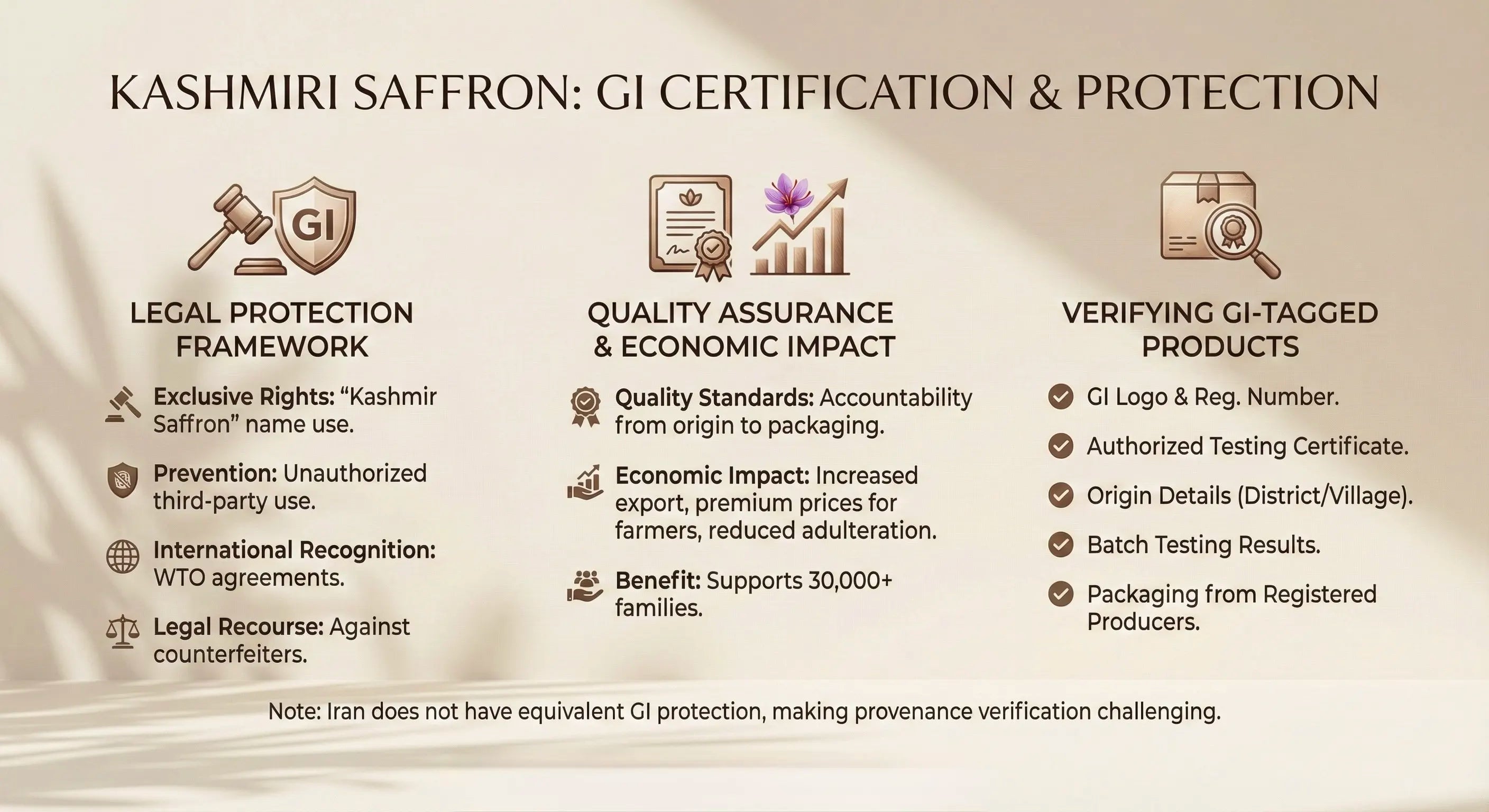 Kashmiri Saffron GI Certification & Protection infographic with icons and text.