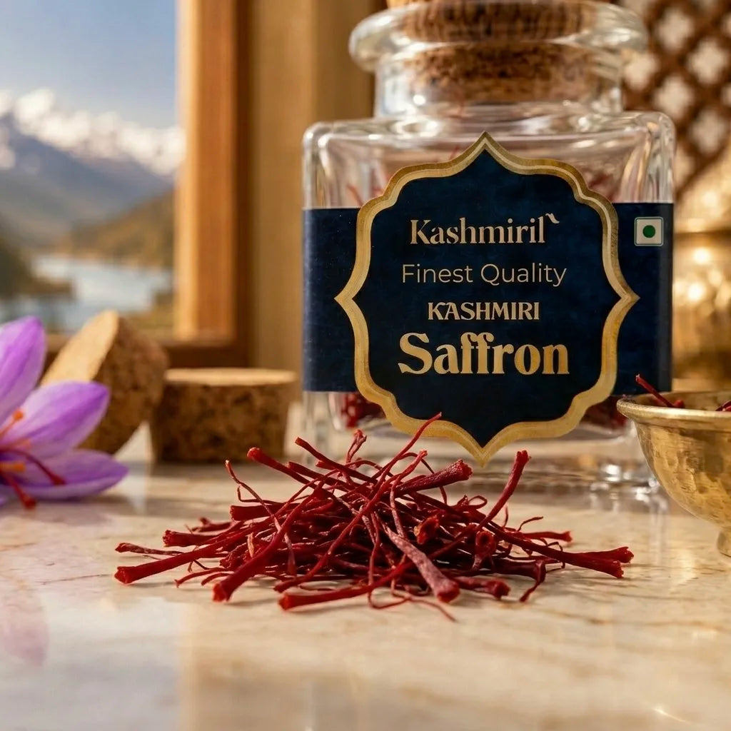 Jar of Kashmiri saffron with a scenic background and Macro Shot Of Kashmiril's Premium Kashmiri Saffron